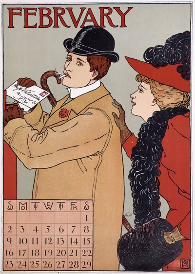 Elegancka para (mężczyzna wysyła list), obraz w angielskim kalendarzu, luty, b.d. koniec XIX wieku. autorstwa English School