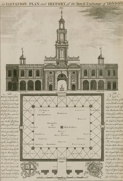 Elewacja, plan i historia Royal Exchange w Londynie autorstwa English School