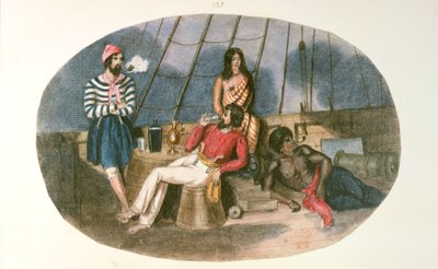 Oficer i marynarz z tubylcami na pokładzie statku, z „Rysunków i szkiców w Nowej Zelandii”, ok. 1853 (kolor lito) autorstwa English School