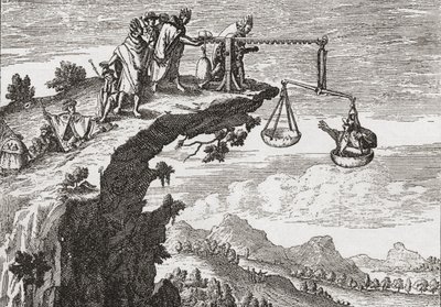 Niezwykła metoda wymuszania zeznań od przestępców, według XVI-wiecznego rysunku Theodorusa de Bry. Scena przedstawia przestępcę siedzącego na wadze niesprawiedliwości, podczas gdy ksiądz pochyla się nad przepaścią, gotowy do spowiedzi. Przypuszczalnie autorstwa English School