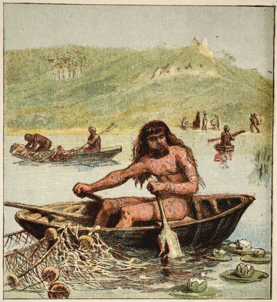 Starożytny Brytyjczyk w swojej łodzi, wyd. 1890 (litografia kolorowa) autorstwa English School