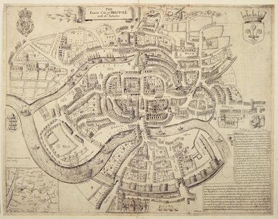 Starożytny plan miasta Bristol i jego przedmieść, wydrukowany, pokolorowany i sprzedany przez Roberta Waltona autorstwa English School