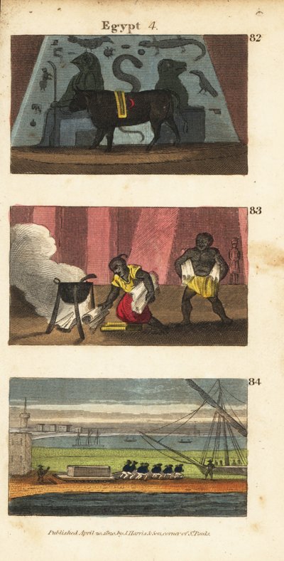 Starożytny egipski bożek Ozyrys jako wół 82, Omar Saracen palący bibliotekę Ptolemeusza Sotera w 642 83 i wojska Napoleona wywożące grób Aleksandra 84 autorstwa English School