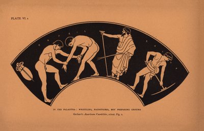 Starożytna grecka edukacja: W Palaistra, Zapaśnicy, Paidotribes, chłopiec przygotowujący ziemię (litografia) autorstwa English School