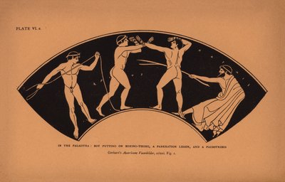 Starożytna grecka edukacja: W palaistra: Chłopiec zakładający stringi bokserskie, lekcja pankrationu i paidotribes (litografia) autorstwa English School