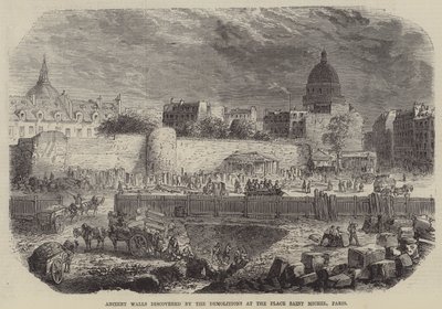 Starożytne mury odkryte podczas rozbiórki Place Saint Michel w Paryżu (rycina) autorstwa English School