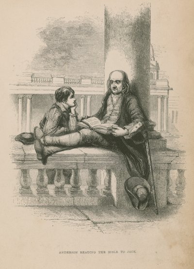 Anderson czyta Biblię Jackowi; ilustracja z Poor Jack autorstwa Fredericka Marryat autorstwa English School
