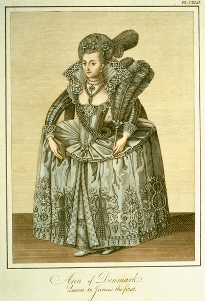 Anna Duńska (1574-1619) żona Jakuba I, ilustracja z The Complete View of the Dress and Habits of the People of England, tom II, opublikowany 1799 autorstwa English School