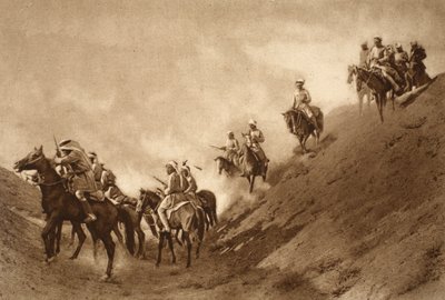 Arabska policja konna pomogła Brytyjczykom przejść wyschnięte koryto starożytnego kanału, 1914-19 autorstwa English School