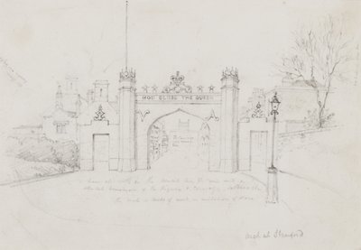 Łuk w Stamford, wzniesiony w celu powitania królowej Wiktorii i księcia Alberta w drodze do Burghley House (ołówek na papierze) autorstwa English School