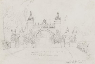 Arch w Wothorp, Cambridgeshire, wzniesiony w celu powitania królowej Wiktorii i księcia Alberta w drodze do Burghley House autorstwa English School