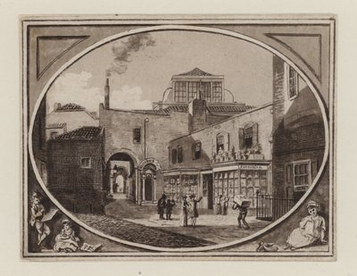 Archibald Roberton, sprzedawca druków, w pasażu Savill Row, sąsiadującym z salą aukcyjną Squibs, ok. 1790 r. autorstwa English School