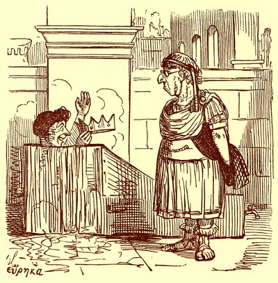 Archimedes biorący ciepłą kąpiel, ilustracja z The Comic History of Rome autorstwa Gilberta Abbotta a Becketta, opublikowana ok. 1850 r. (obraz ulepszony cyfrowo) autorstwa English School