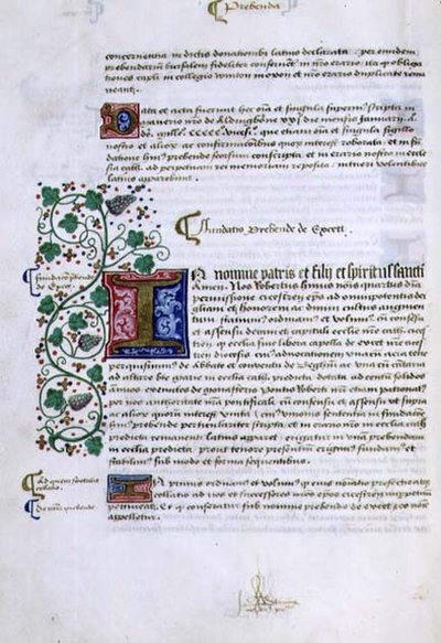 Archiwum 9432 f.15v Strona tekstu z iluminowanym inicjałem, z Księgi Fundacji Roberta Sherborne lub Shirburn (ok.1450-1536) Biskup Chichester (welum) autorstwa English School