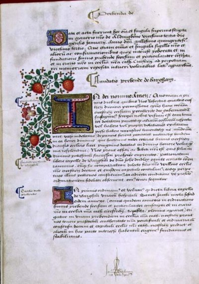 Archiwum 9432 f.19v Strona tekstu z iluminowanym inicjałem „I”, z Księgi Fundacji Roberta Sherborne lub Shirburn (ok.1450-1536) Biskup Chichester (welum) autorstwa English School
