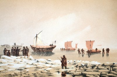 Arctic Travelling, ilustracja z Voyage do Baffins Bay i Barrow Straits..., 1852 (ręcznie barwiony grawer) autorstwa English School