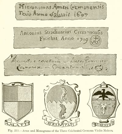 Ramiona i monogramy trzech sławnych lutników z Cremony autorstwa English School