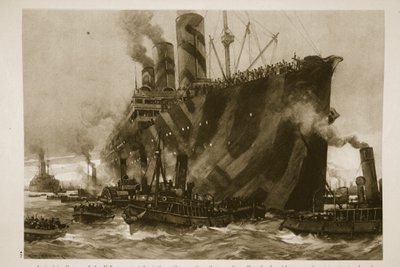 Przybycie do Francji amerykańskiego transportowca Leviathan, niegdyś niemieckiego liniowca Vaterland, z 12 000 amerykańskich żołnierzy na pokładzie, 1914-19 autorstwa English School