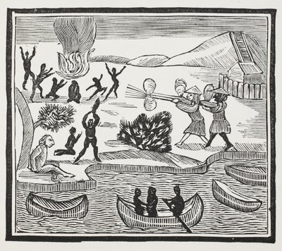 Przybycie dzikusów z więźniem chrześcijańskim, ilustracja z ksiąg rozdziałów XVIII wieku autorstwa Johna Ashtona, wyd. 1882 autorstwa English School