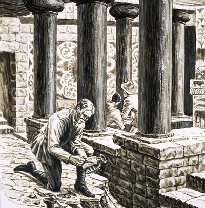 Arthur Evans badający pozostałości starożytnego pałacu minojskiego w Knossos autorstwa English School