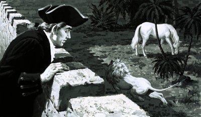 Artysta George Stubbs patrzył, jak lew skrada się w kierunku konia Barbary (gwasz na papierze) autorstwa English School