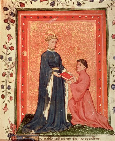 Arundel 38 f.37 Thomas Hoccleve przedstawiający swoją książkę „Regement of Princes” księciu Walii (później Henrykowi V) c.1411-13 (welum) autorstwa English School