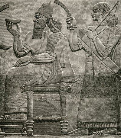 Aszur-nasir-pal II, z płaskorzeźby w British Museum, z The Worlds Inhabitants autorstwa G.T. Bettany, opublikowano 1888 autorstwa English School