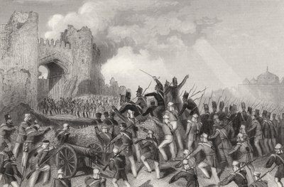 Napaść na Delhi i zdobycie Kaszmirowej Bramy 14 września 1857 r., z „Historii indyjskiego buntu” opublikowanej w 1858 r. autorstwa English School