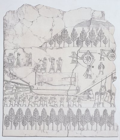 Asyryjczycy przenoszący skrzydlatego byka na saniach z Niniwy i jej szczątków Austen Henry Layard (1817-94) opublikowany 1849 autorstwa English School
