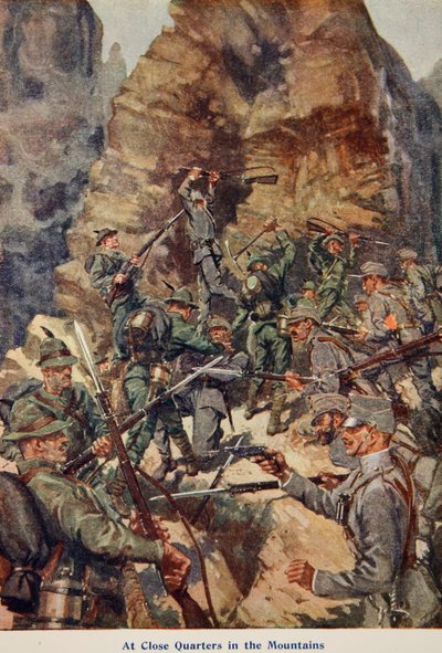 W Close Quarters in the Mountains, ilustracja z Told in the Huts: The YMCA Gift Book, opublikowanej w 1916 r. autorstwa English School