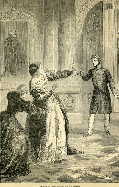 Atak Don Miguela na jego siostrę, zaczerpnięty z Cassells Illustrated History of England, 18571858 autorstwa English School