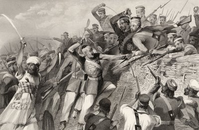 Atak buntowników na baterię Redan w Lucknow, 30 lipca 1857, z „Historii buntu indyjskiego”, opublikowanej w 1858 autorstwa English School