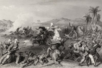 Atak nieregularnej kawalerii generała Nicholsona na buntowników z Sealcote w 1857 r., z „Historii indyjskiego buntu” opublikowanej w 1858 r. autorstwa English School