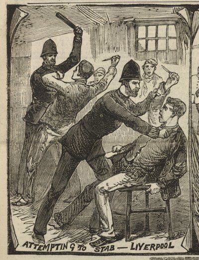 Próba dźgnięcia - Liverpool, z „Illustrated Police News”, 27 września 1884 (grawerowanie) autorstwa English School