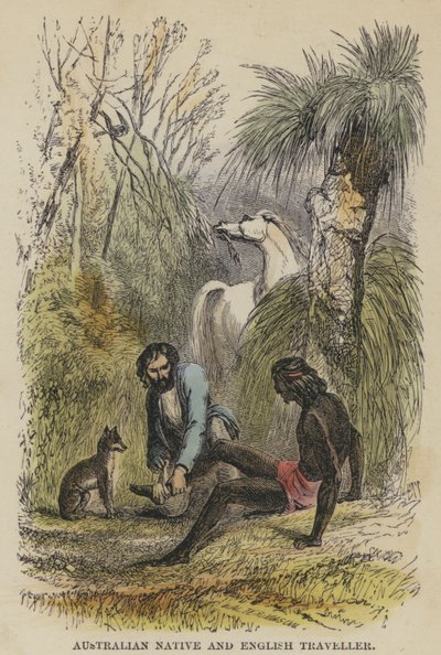 Australijski Native i Angielski Podróżnik (kolorowy grawerunek) autorstwa English School
