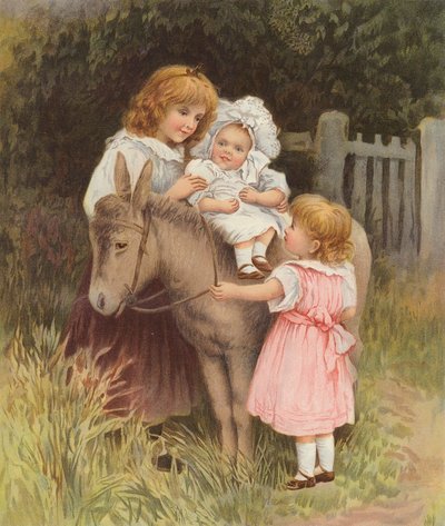 Dziecko jadące na osiołku (chromolitho) autorstwa English School