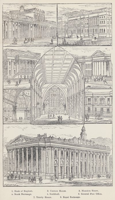 Bank of England, Custom House, Mansion House, Stock Exchange, Guildhall, General Post Office, Trinity House, Royal Exchange (grawerowanie) autorstwa English School