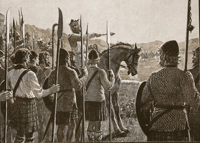 Bannockburn: Bruce przegląda swoje wojska przed bitwą, ilustracja z Cassells Illustrated History of England (zdjęcie w sepii) autorstwa English School