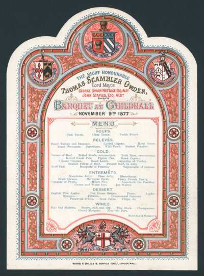 Bankiet w Guildhall, 9 listopada 1877, menu autorstwa English School