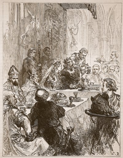 Bankiet na ślubie Henryka i Eleonory z Prowansji, ilustracja z Cassells Illustrated History of England (zdjęcie w sepii) autorstwa English School