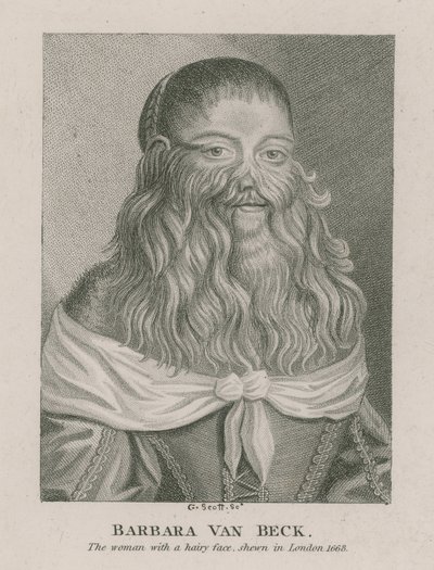 Barbara Van Beck, kobieta o włochatej twarzy, pokazana w Londynie, 1668 autorstwa English School