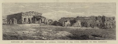 Koszary w Cawnpore, bronione przez generała Wheelera w 1857 roku, do czasu zredukowania do tego stanu (ryty) autorstwa English School