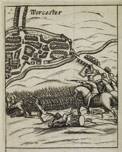 Scena bitwy pod Worcester, z „Historii najwspanialszego zachowania jego świętych majestatu po bitwie pod Worcester” autorstwa English School