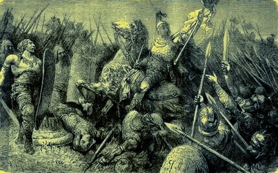 Belizariusz prowadzi armię rzymską przeciwko Gotom, ilustracja z Ilustrowanej Historii Świata, wydanej ok. 1880 r. (obraz ulepszony cyfrowo) autorstwa English School