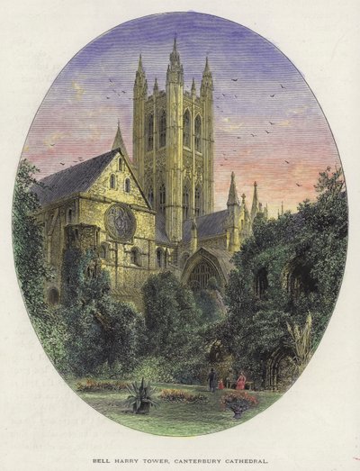 Bell Harry Tower, Katedra Canterbury, Kent (kolorowy grawerunek) autorstwa English School