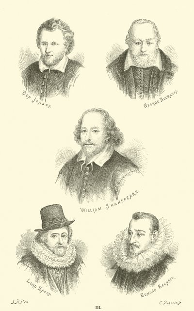 Ben Jonson, George Buchanan, William Shakespeare, Lord Bacon, Edmund Spenser autorstwa English School
