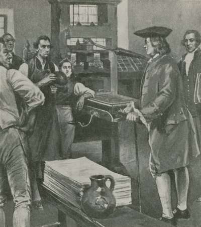 Benjamin Franklin dzwoni do swoich dawnych mistrzów drukarni w Londynie autorstwa English School