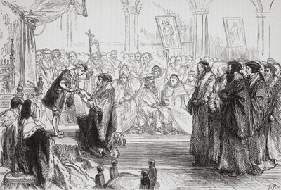 Beza przedstawia królowi spowiedź francuskiego kościoła protestanckiego podczas kolokwium w Poissy, ilustracja z Historii protestantyzmu Jamesa Aitkena Wylie (1808-1890), wyd. 1878 (engra autorstwa English School