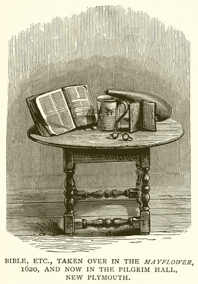 Biblia itp., przejęta w Mayflower, 1620, a teraz w Pilgrim Hall, New Plymouth autorstwa English School