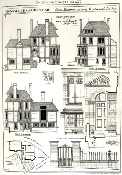 Bijou Residence Sunnycote, Hampstead, (ze studiem) dla Johna Ingle Lee Esq, z The Building News, 23 lutego 1877 News, 23 lutego 1877 autorstwa English School